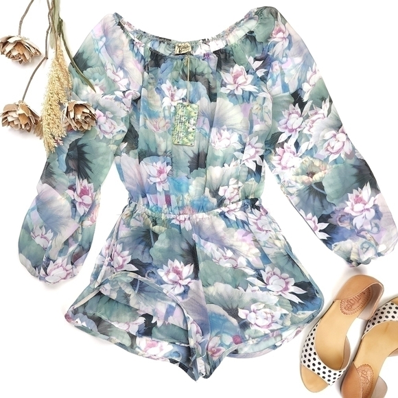 New Show Me Your Mumu Sheer Blue Green Pink Floral Rane Romper Sz S - Picture 9 of 13